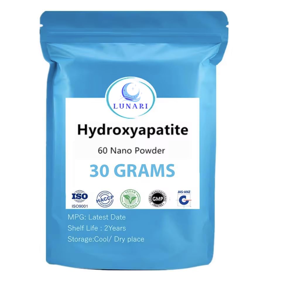 Generic hidroxiapatita polvo frente del envase mostrando pureza y cantidad