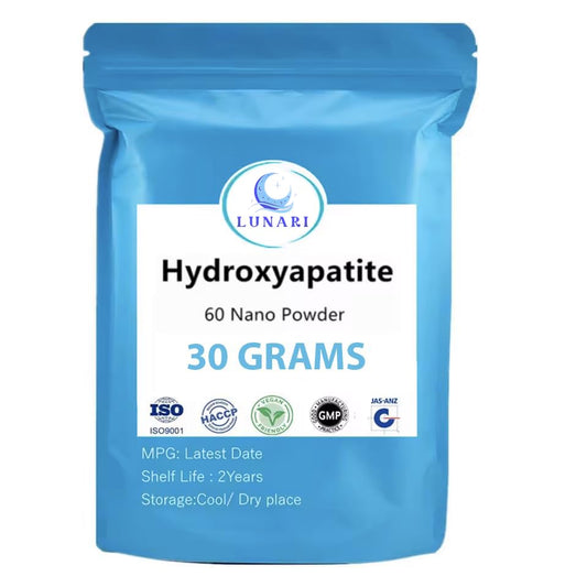 Generic hidroxiapatita polvo frente del envase mostrando pureza y cantidad