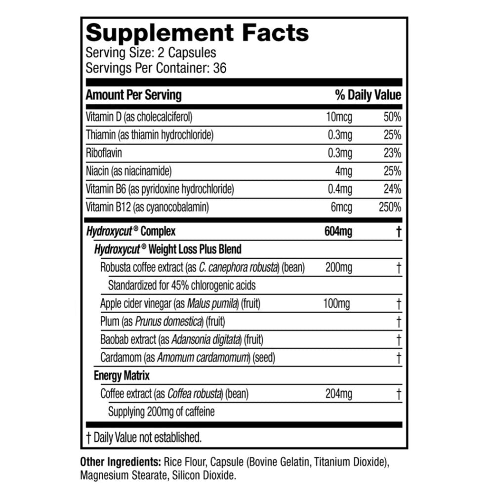Hydroxycut cápsulas en primer plano detalle de textura y rápida liberación