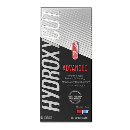 Hydroxycut envase frontal mostrando diseño y dosis, beneficio visibilidad clara