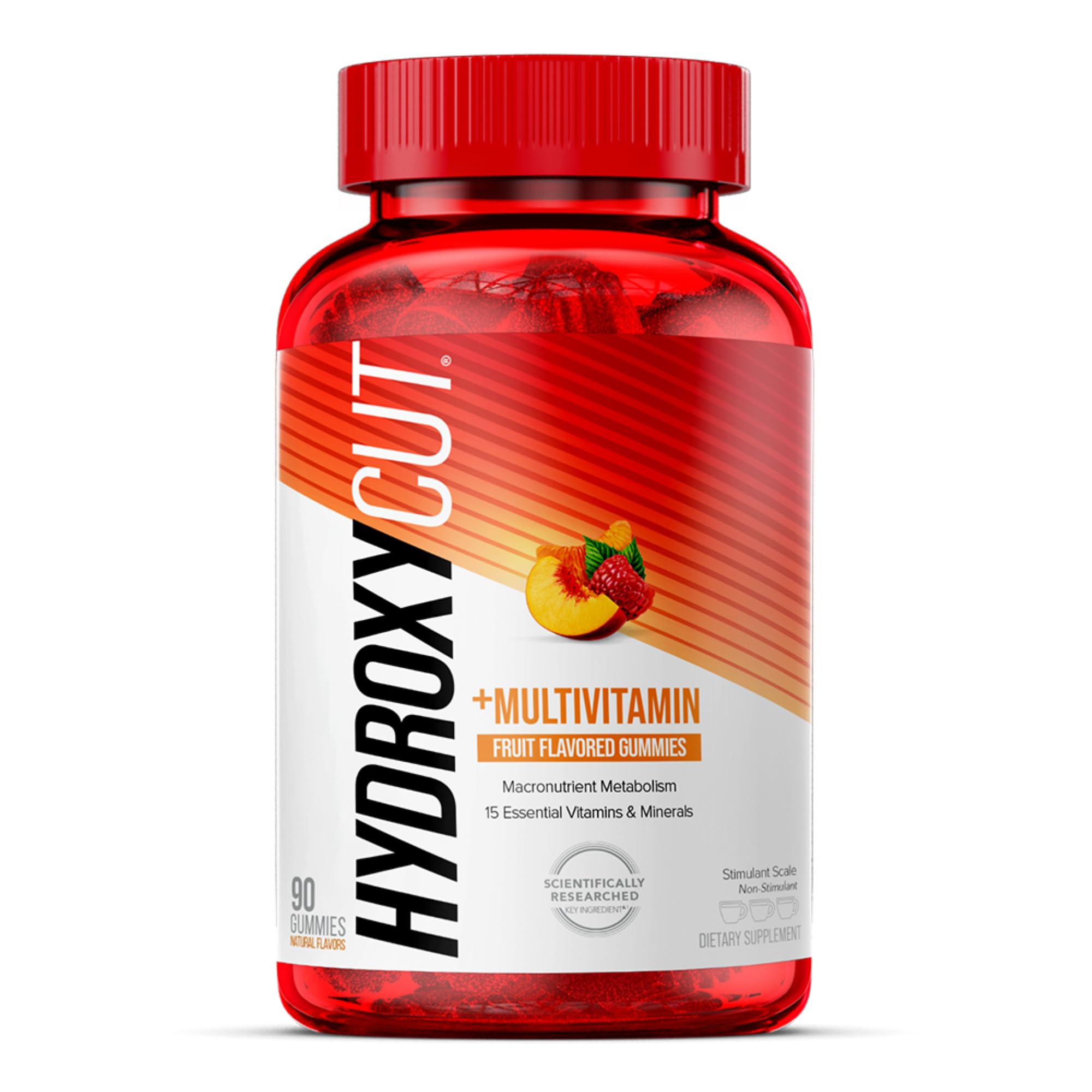 Hydroxycut envase frontal mostrando diseño y cantidad de 90 gominolas, práctico