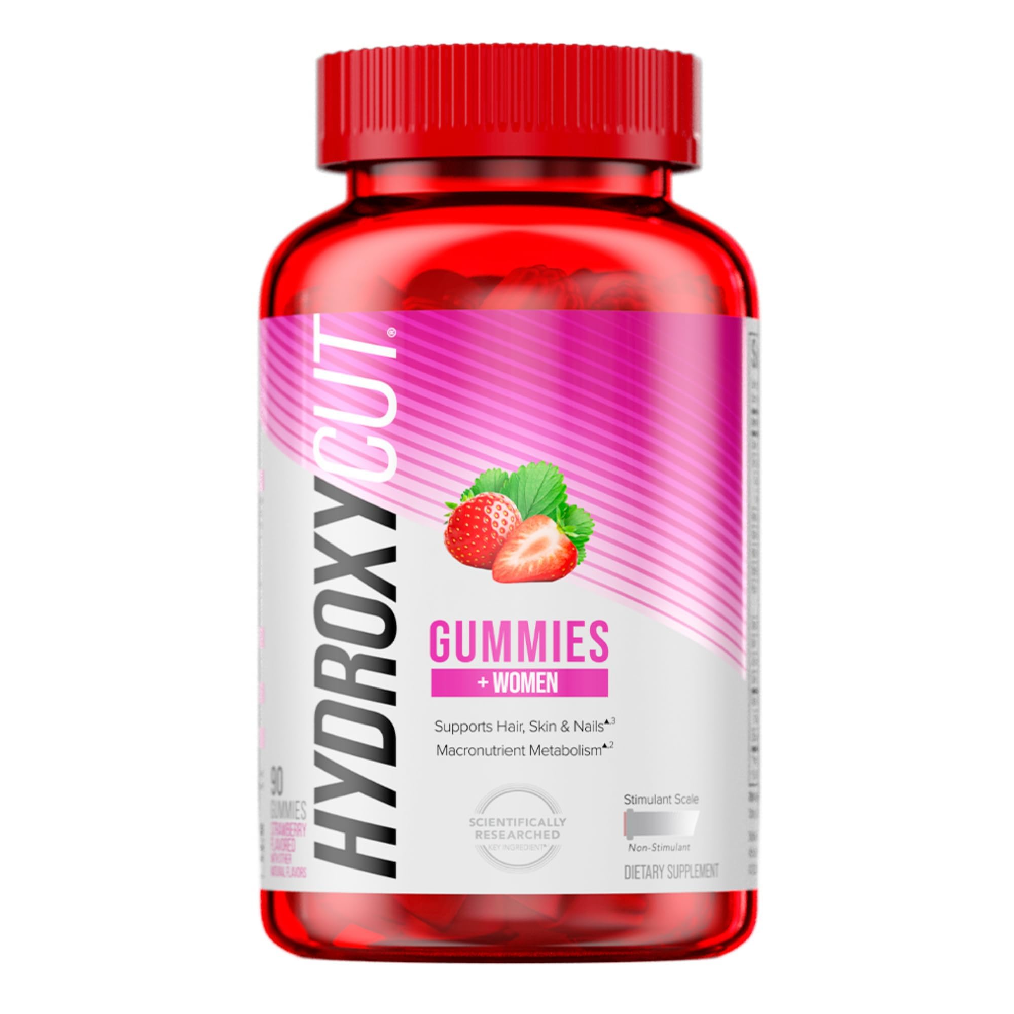 Hydroxycut envase frontal de gomitas, presentación clara y conveniente