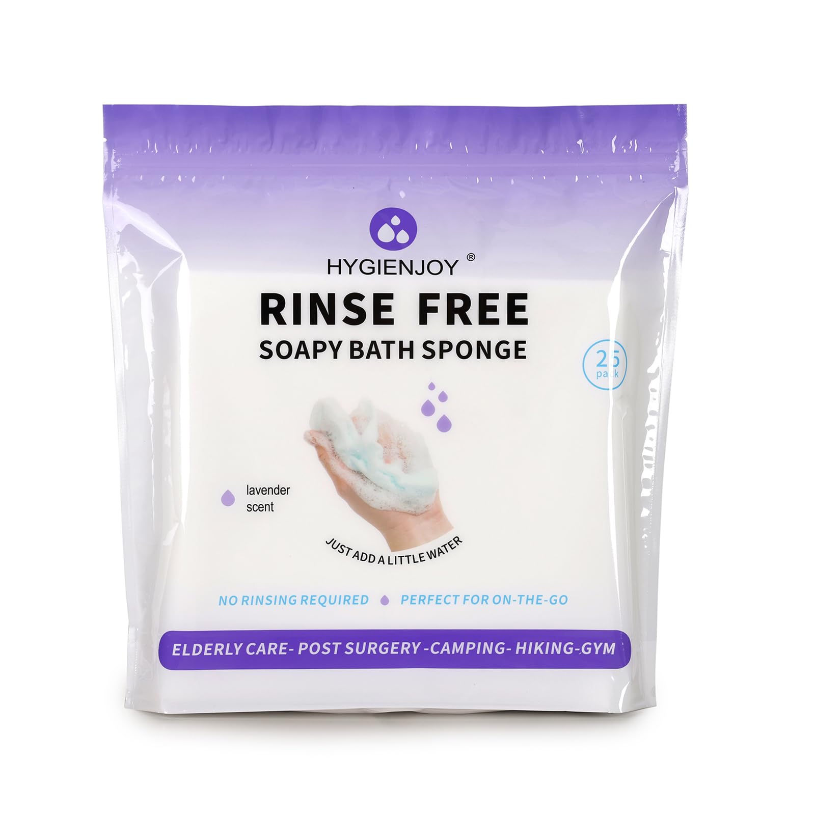 HYGIENJOY paquete frontal mostrando 25 toallitas grande y lavanda, práctico