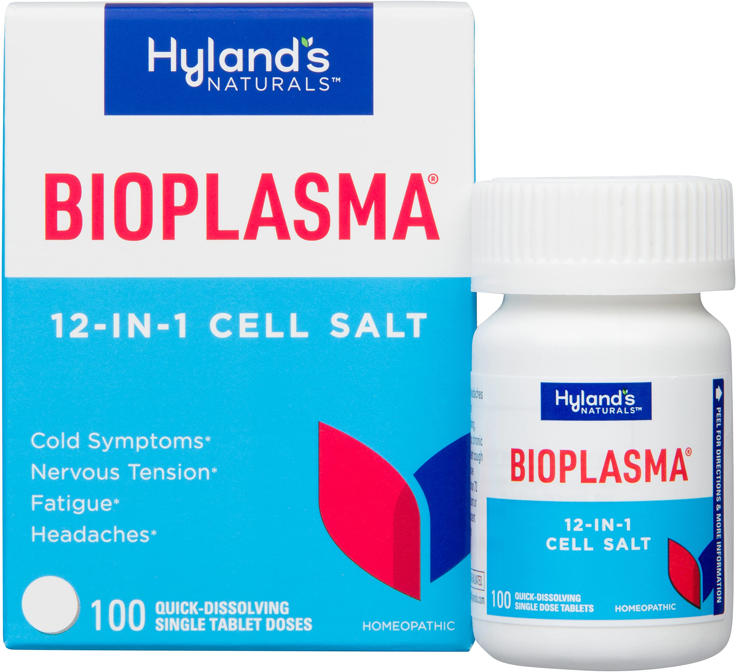 Hyland's frente del empaque mostrando 100 tabletas y beneficios claros