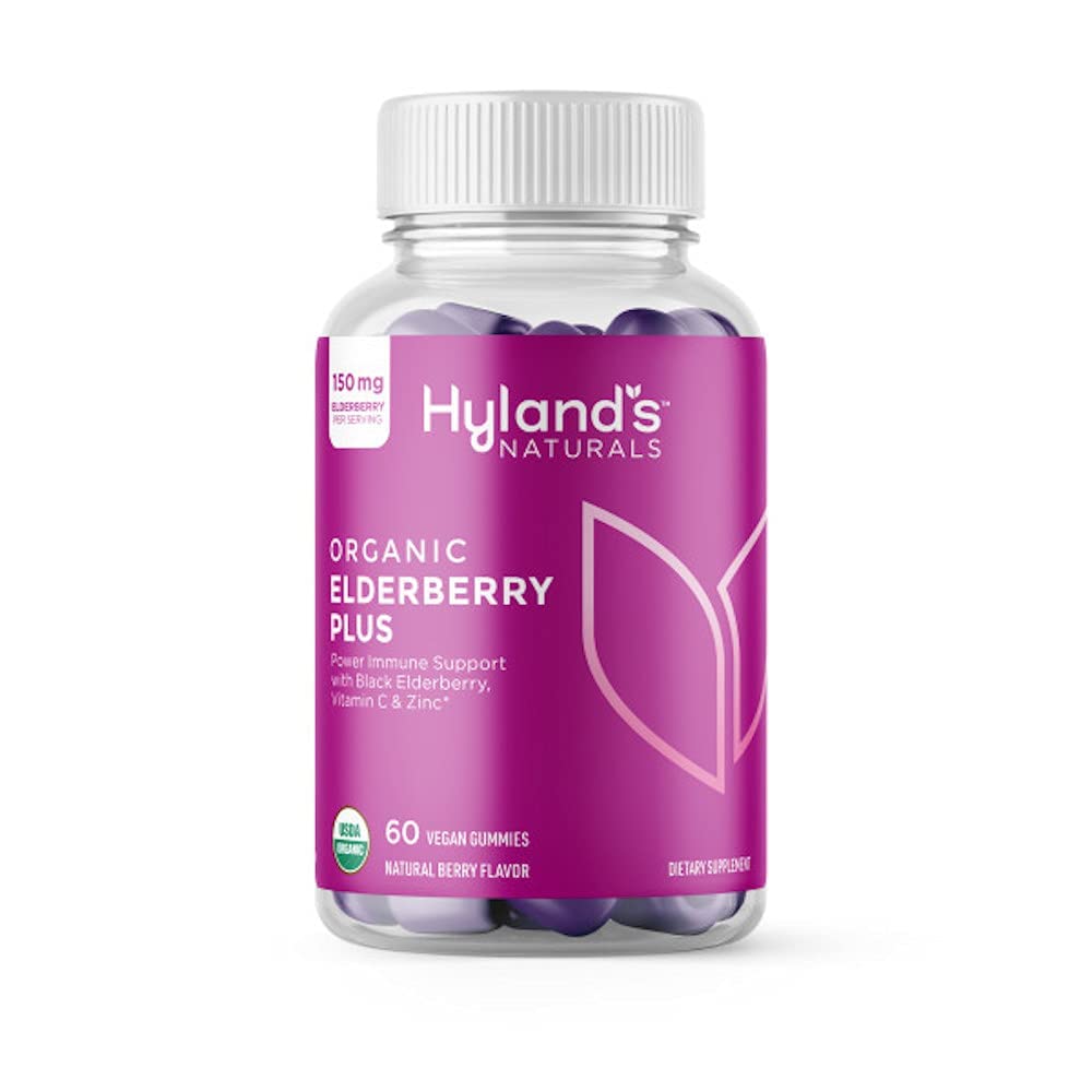 Hyland's frasco frontal mostrando 60 gomitas y certificación orgánica, apoyo claro