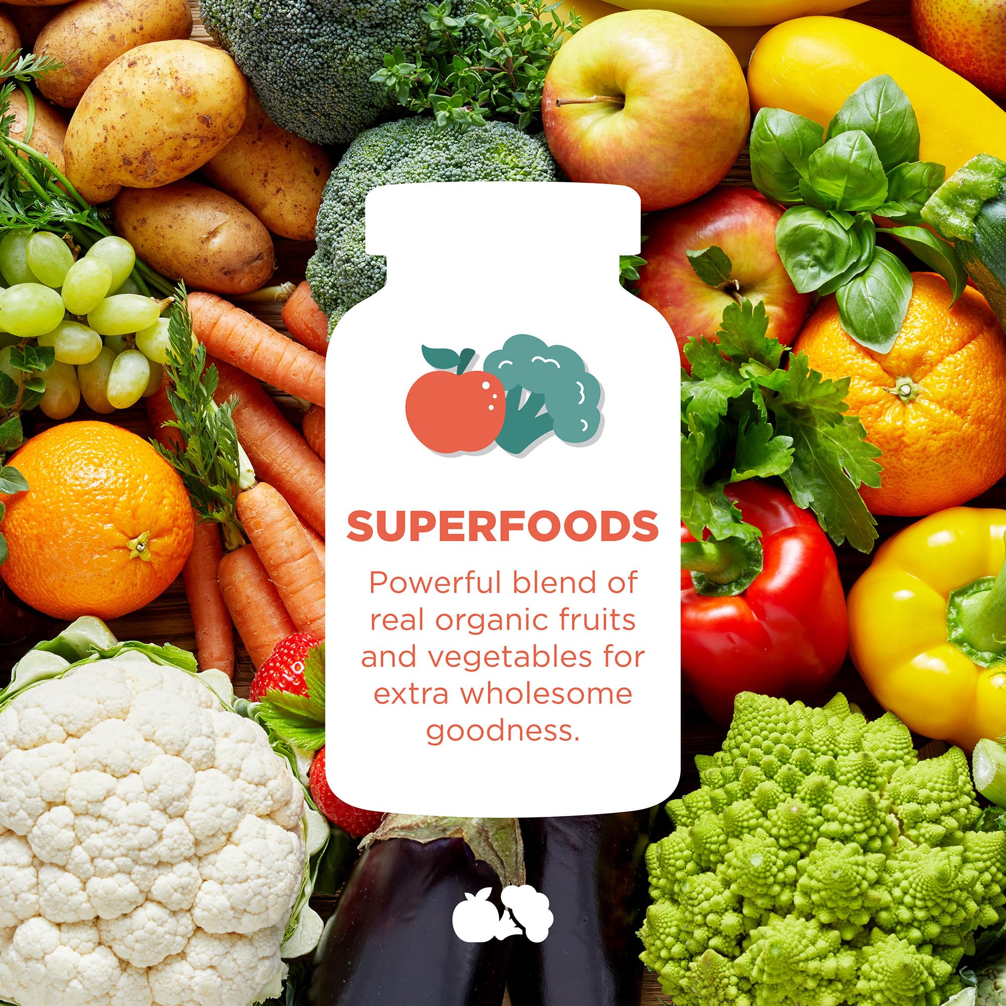 Hyland's imagen de frutas y verduras reales aportando equilibrio natural