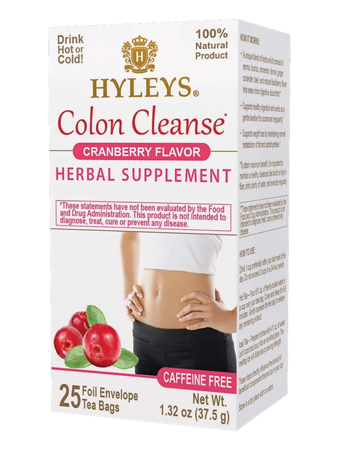HYLEYS frasco frontal mostrando 25 bolsitas y sabor arándano para digestión suave