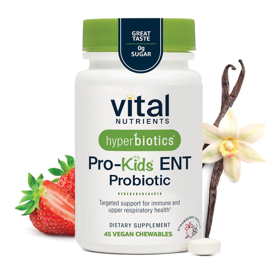 Hyperbiotics envase frontal del probiótico infantil mostrando sabor fresa-vainilla y beneficios