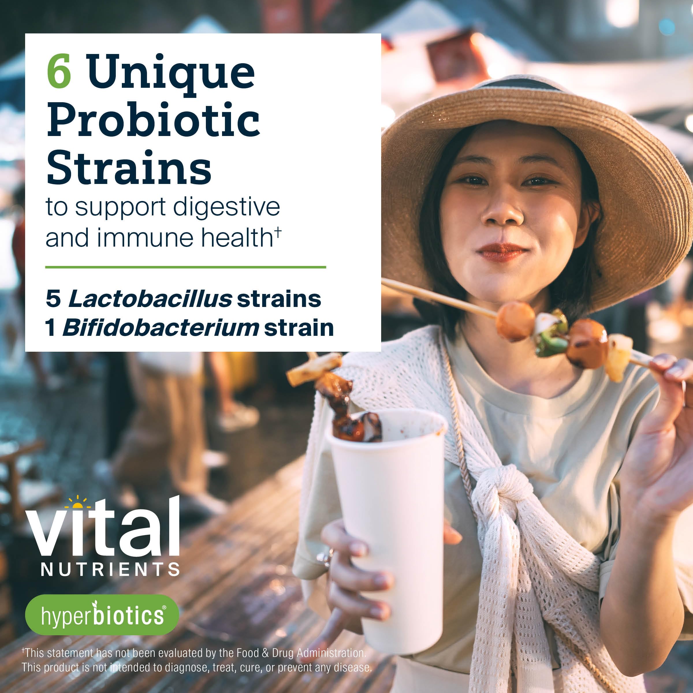 Hyperbiotics mujer tomando la tableta diaria, cómoda y práctica