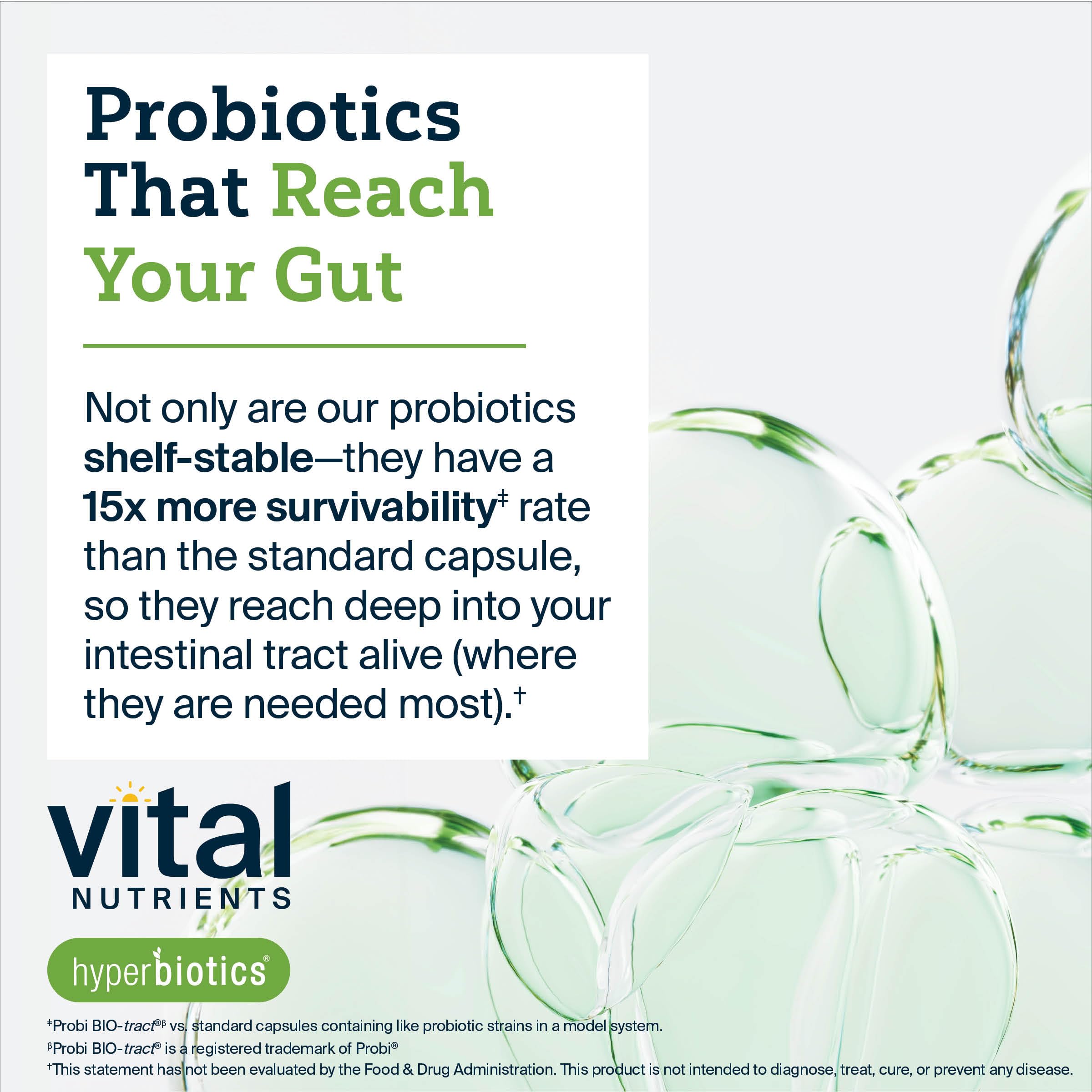 Hyperbiotics botella abierta con tabletas mostrando cantidad y conservación