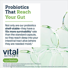 Hyperbiotics botella abierta con tabletas mostrando cantidad y conservación