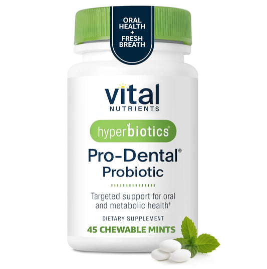Hyperbiotics envase frontal mostrando 45 comprimidos y beneficio para aliento fresco
