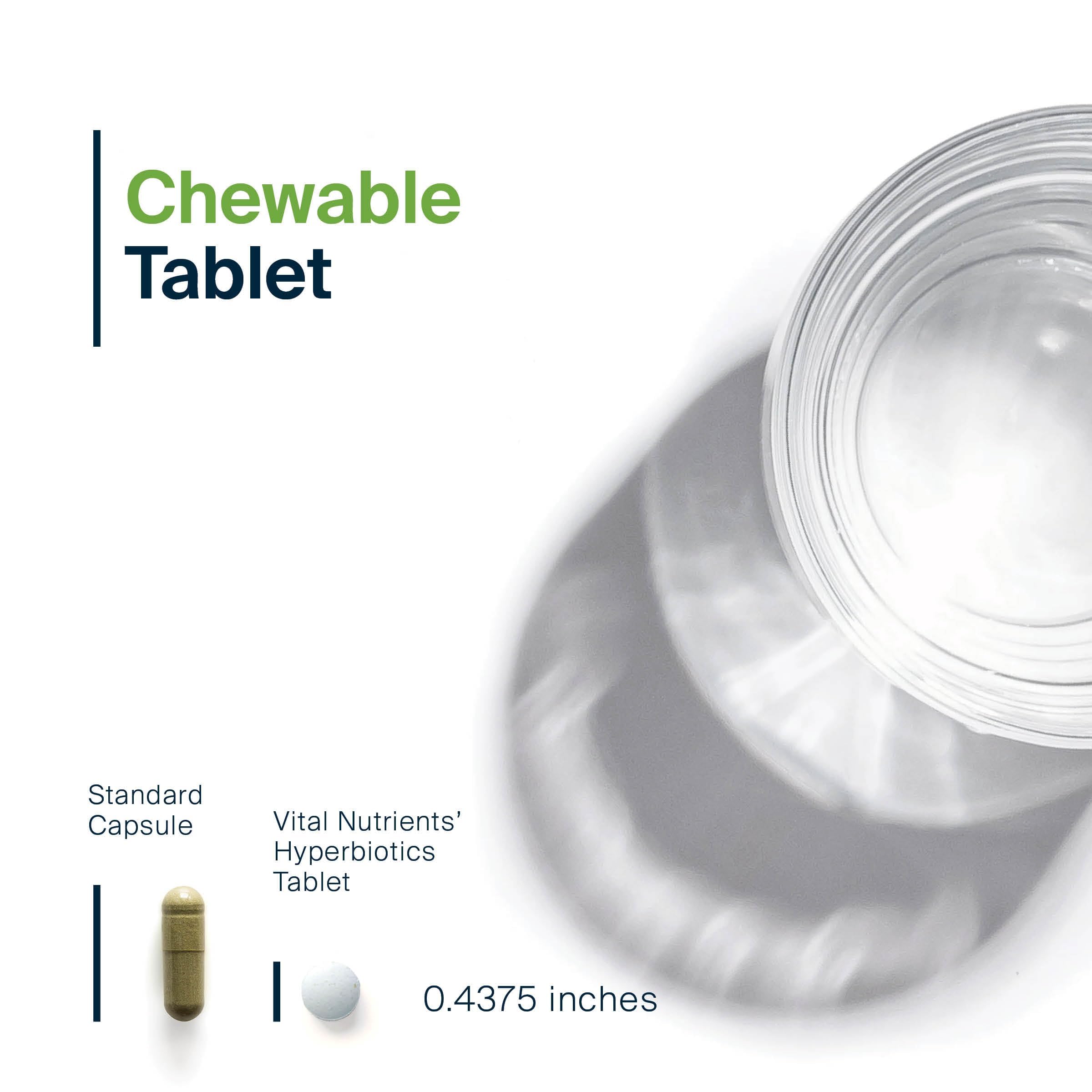 Hyperbiotics primer plano de una tableta masticable que facilita toma diaria
