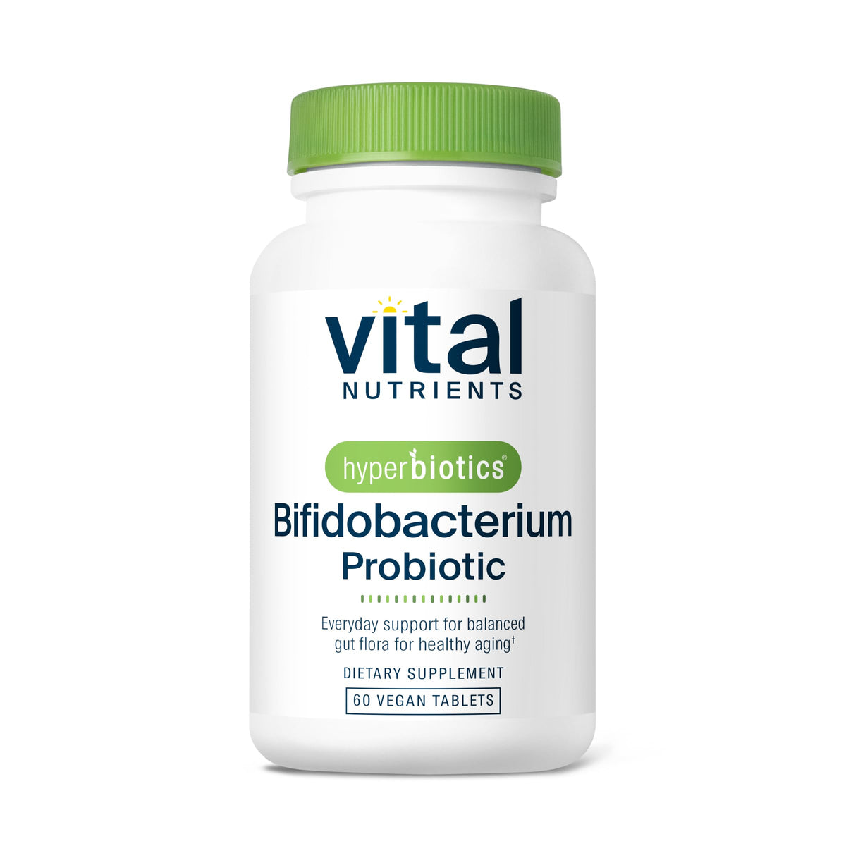 Hyperbiotics botella frontal que muestra el producto y beneficio de estabilidad