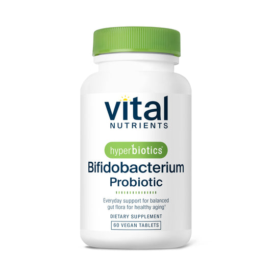 Hyperbiotics botella frontal que muestra el producto y beneficio de estabilidad
