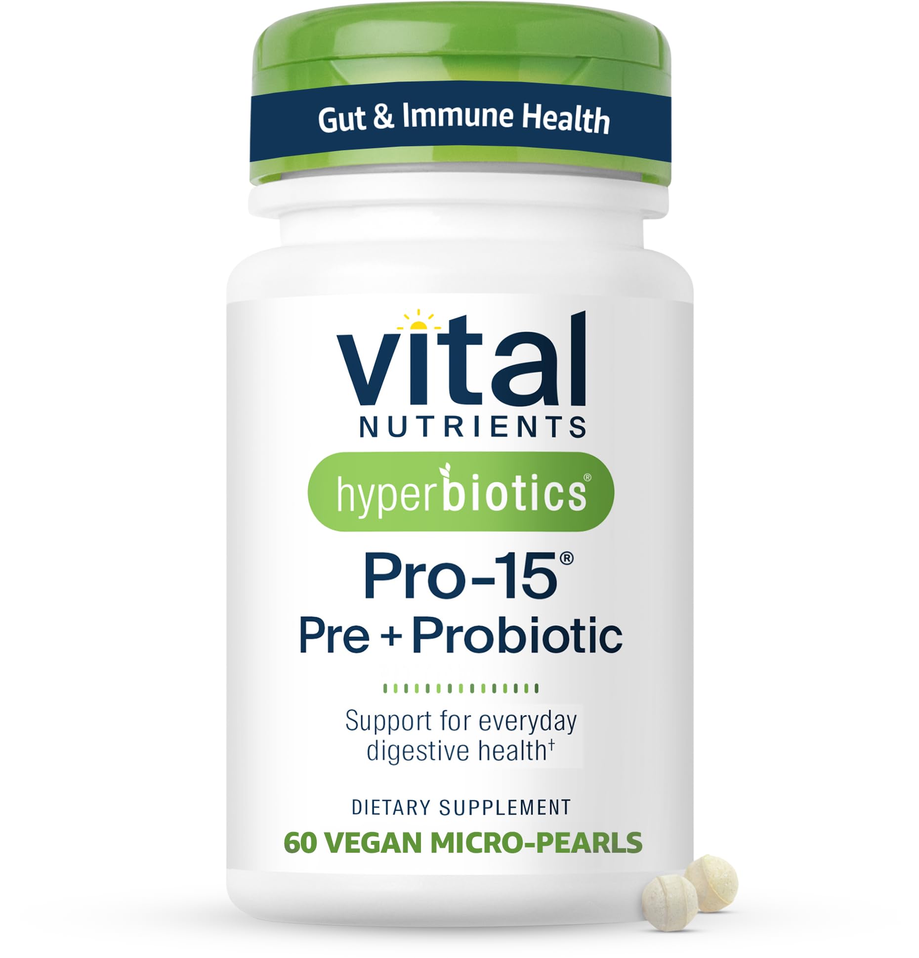 Hyperbiotics envase frontal destacando 15 cepas y liberación sostenida, apoyo digestivo