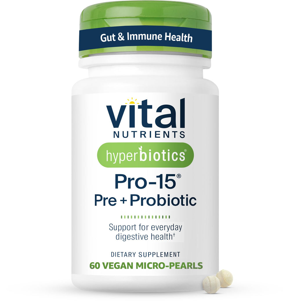 Hyperbiotics envase frontal destacando 15 cepas y liberación sostenida, apoyo digestivo