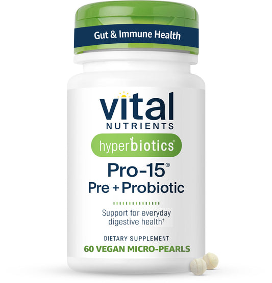 Hyperbiotics envase frontal destacando 15 cepas y liberación sostenida, apoyo digestivo