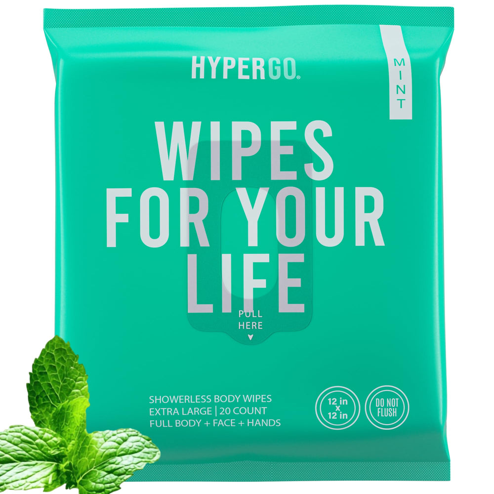 HyperGo paquete frontal mint mostrando 20 toallitas, práctico para viajar