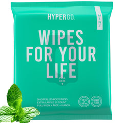 HyperGo paquete frontal mint mostrando 20 toallitas, práctico para viajar
