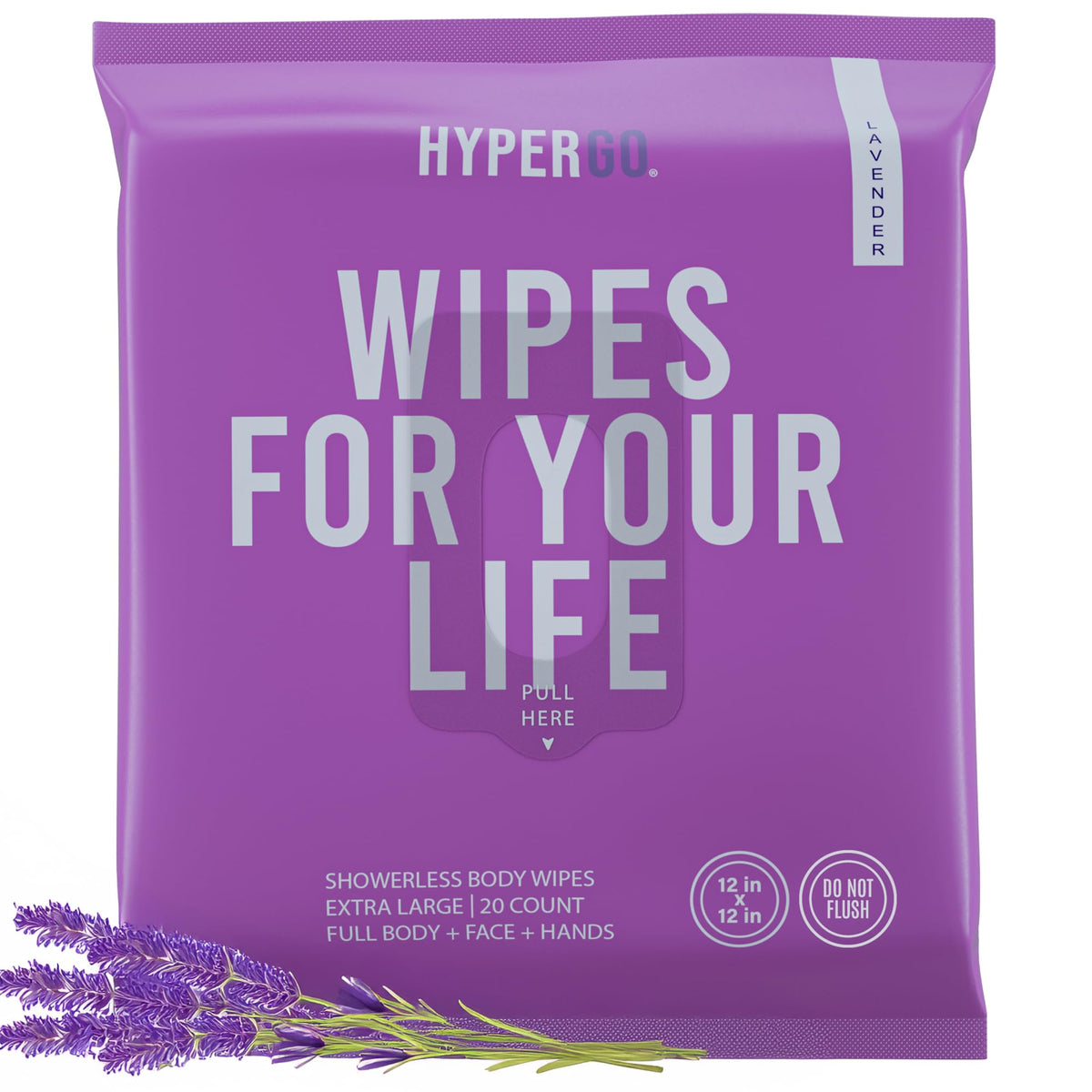 HyperGo vista frontal del paquete que destaca tamaño y fragancia lavanda