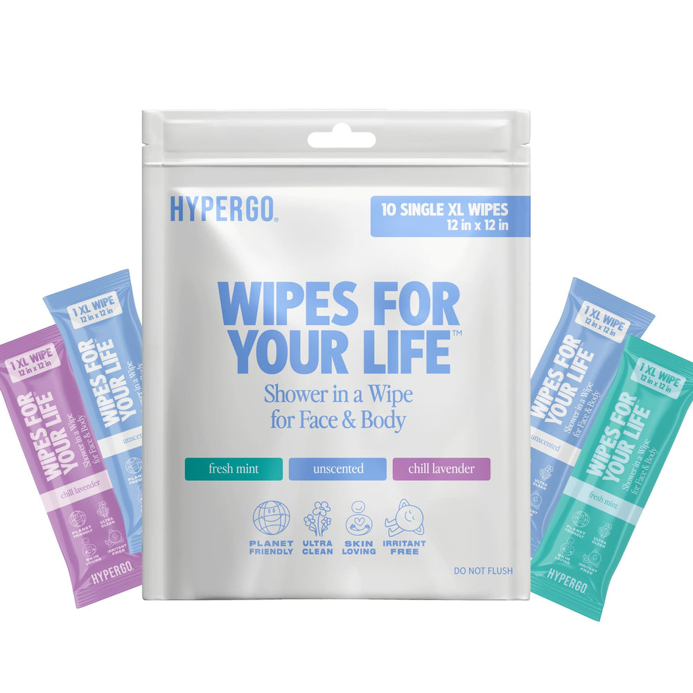 HyperGo presentación frontal mostrando paquete de 10 toallitas y beneficio limpieza completa