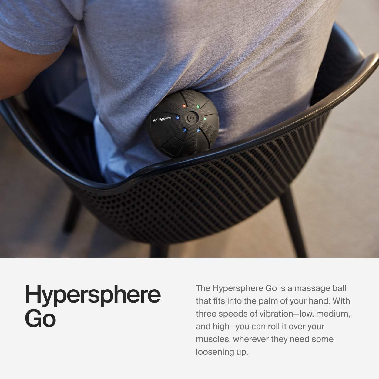Hyperice Hypersphere Go en mano demostrando portabilidad y uso rápido