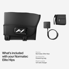 Hyperice Normatec Elite Hips comparación de tamaño para ver portabilidad y batería