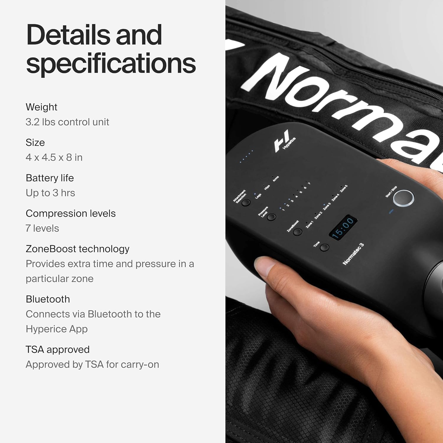Hyperice Normatec 3 ilustración comparativa de talla Standard y medidas