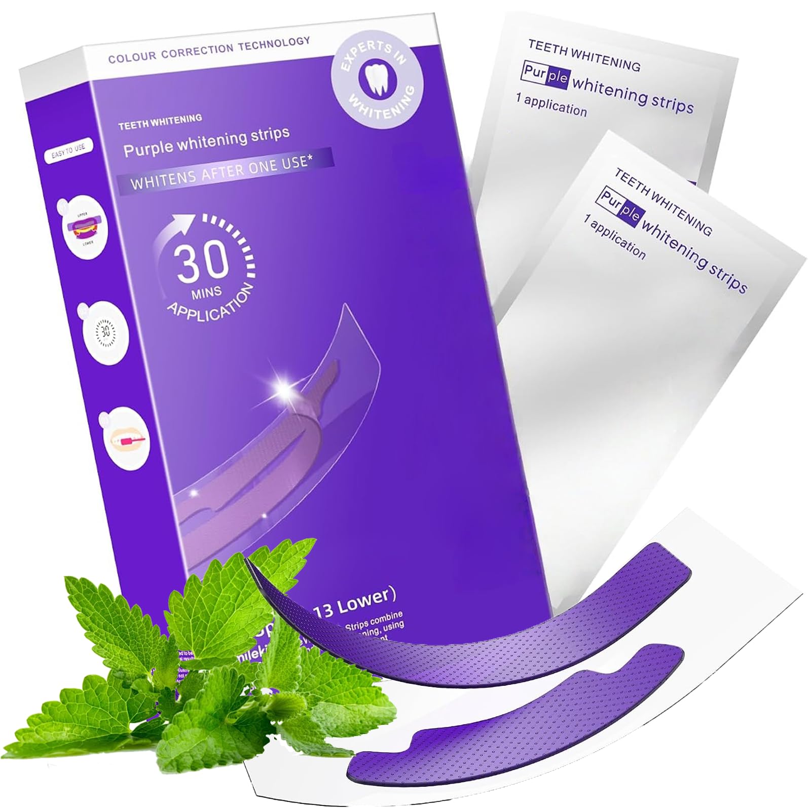 HZHZMOR empaque frontal de Purple Whitening Strips mostrando beneficio blanqueador