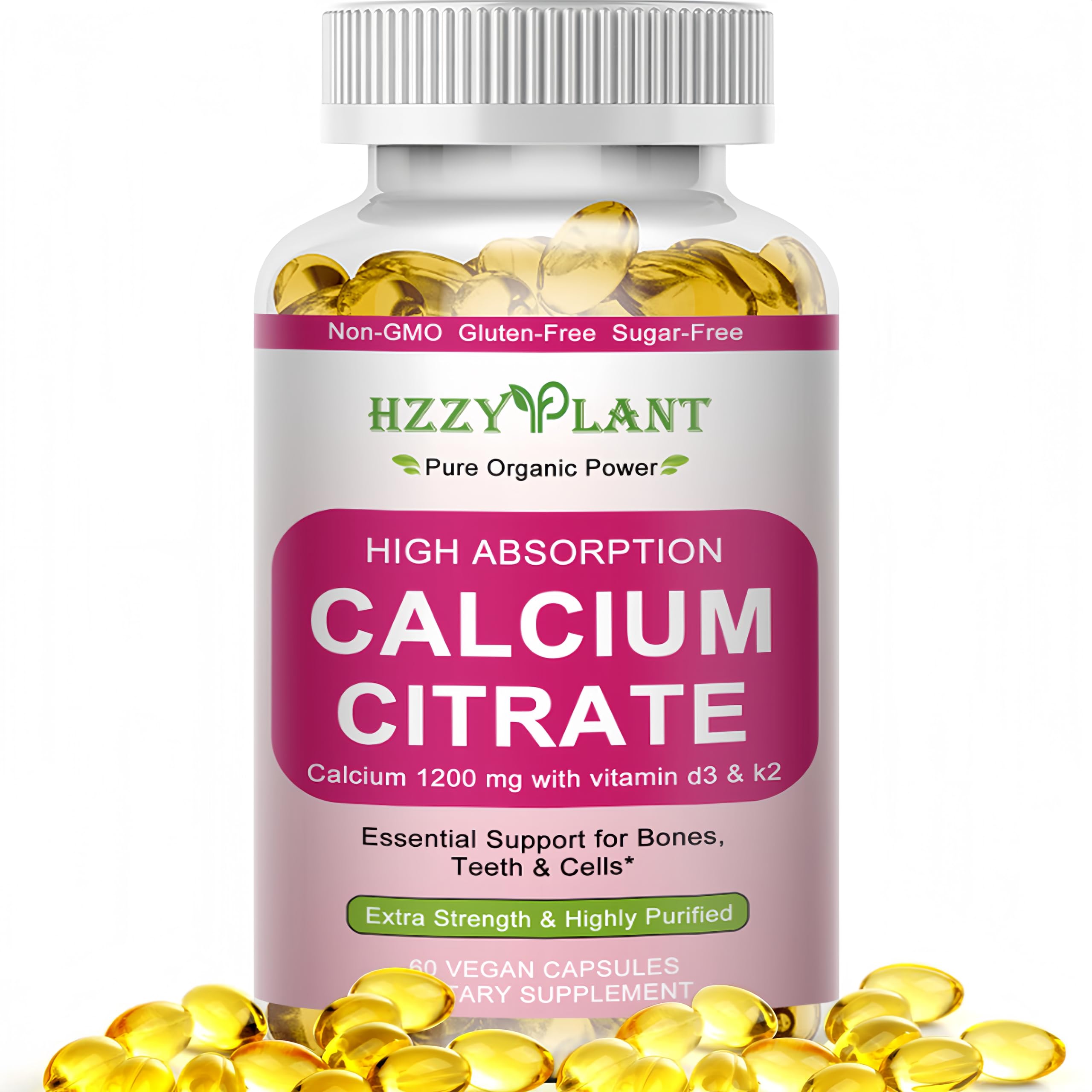HZZYPLANT envase frontal de calcio citrato 1200 mg con etiqueta clara y beneficio de conveniencia