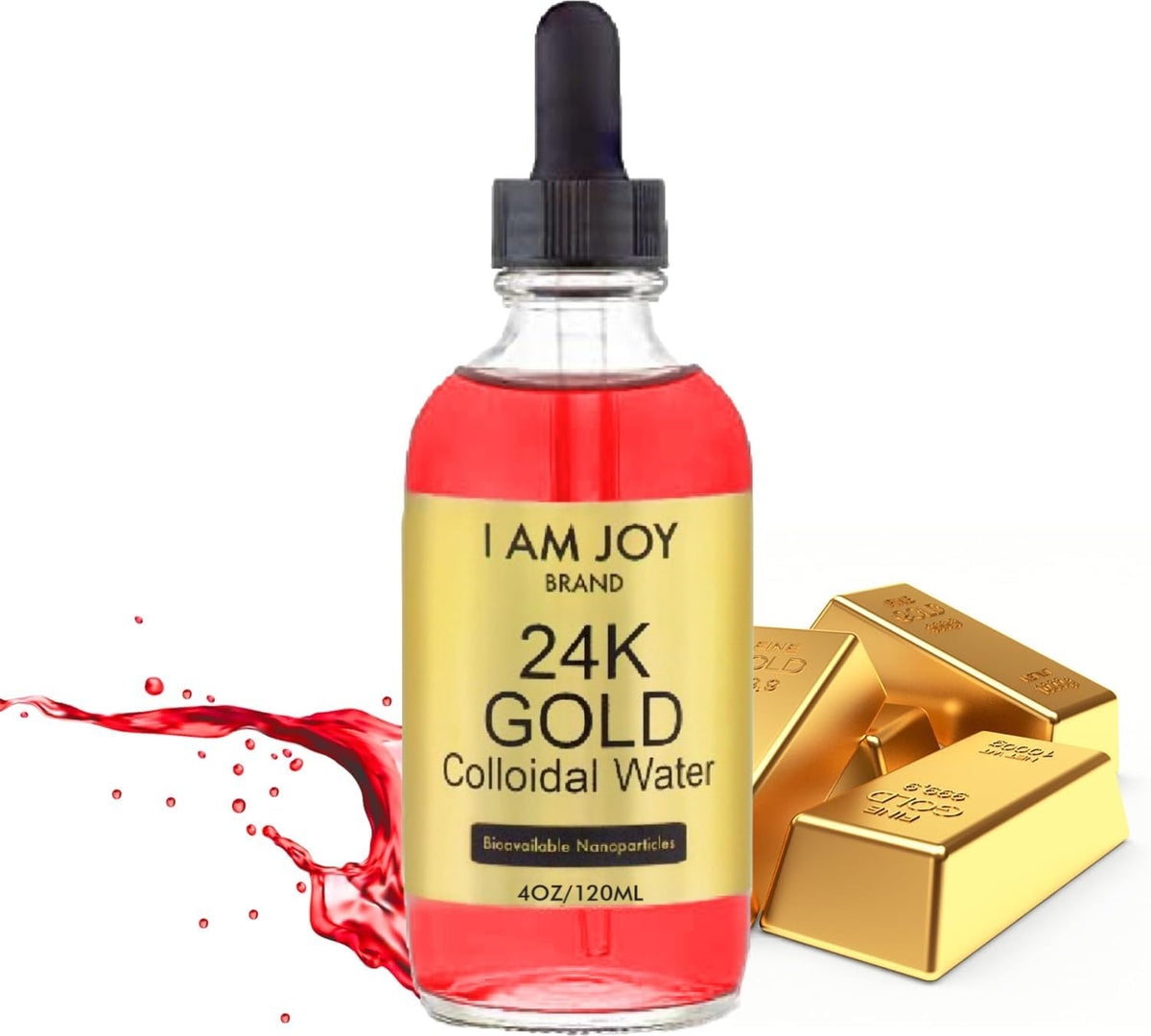 I Am Joy co. botella frontal de 4 oz mostrando oro coloidal y presentación premium
