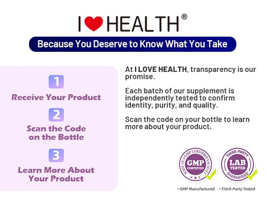 I LOVE HEALTH cápsula en mano mostrando tamaño fácil de tragar