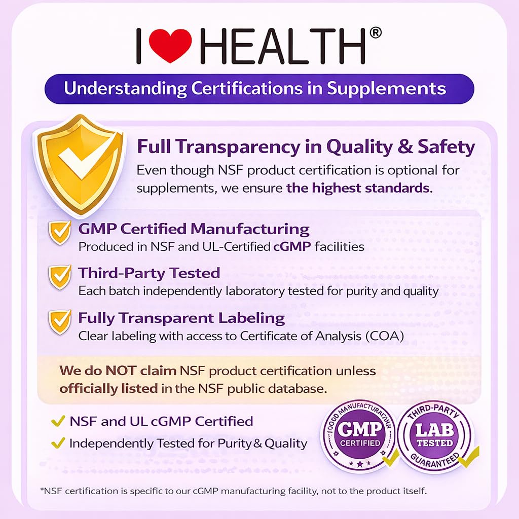 I LOVE HEALTH etiqueta con sellos cGMP y pruebas de terceros