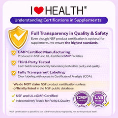 I LOVE HEALTH etiqueta con sellos cGMP y pruebas de terceros