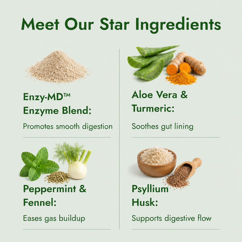 IBS Clear ingredientes psyllium y menta en primer plano, respaldo natural