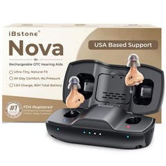 iBstone Nova frente del audífono mostrando diseño discreto y beneficio de invisibilidad