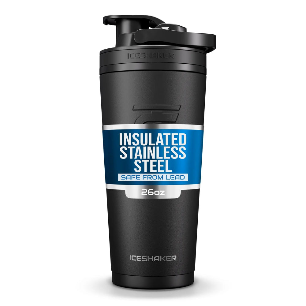 Ice Shaker botella frontal 26 oz negro mostrando diseño y tapa, portátil y elegante