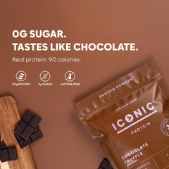 Polvo de ICONIC con textura fina y cacao, ideal para mezclar fácilmente