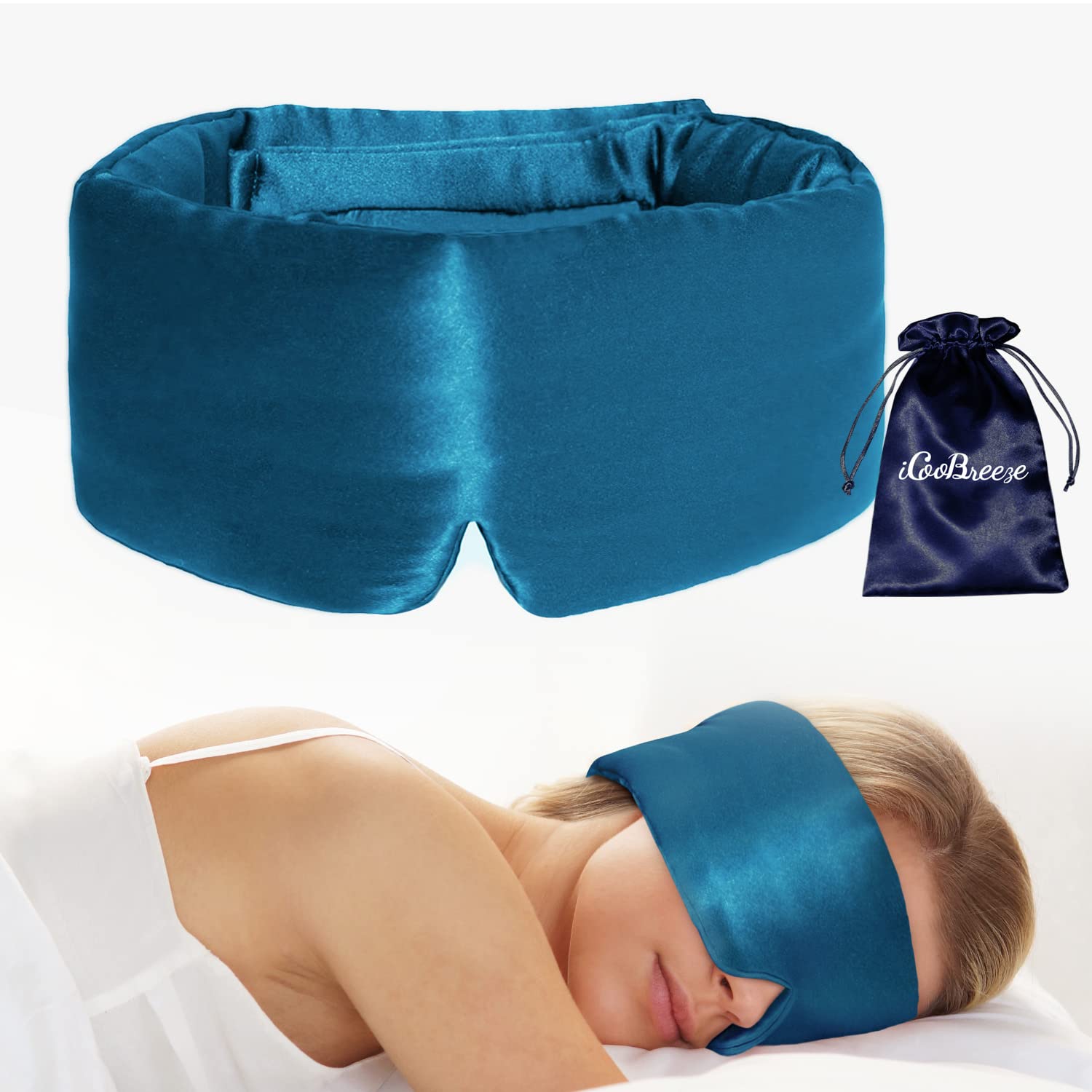 iCooBreeze máscara frontal en azul vívido mostrando bloqueo de luz