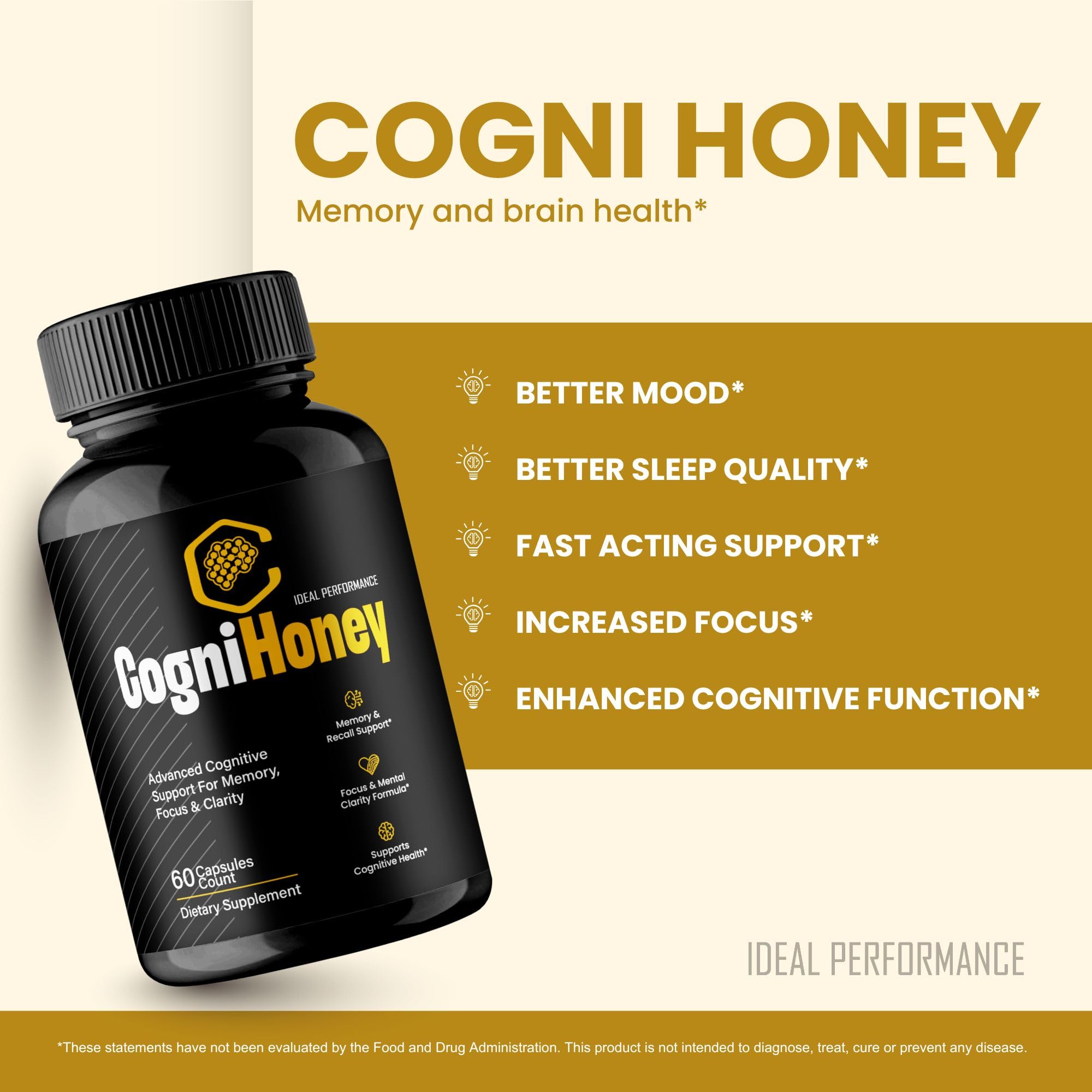 IDEAL PERFORMANCE CogniHoney mano sosteniendo una cápsula para dosificación sencilla