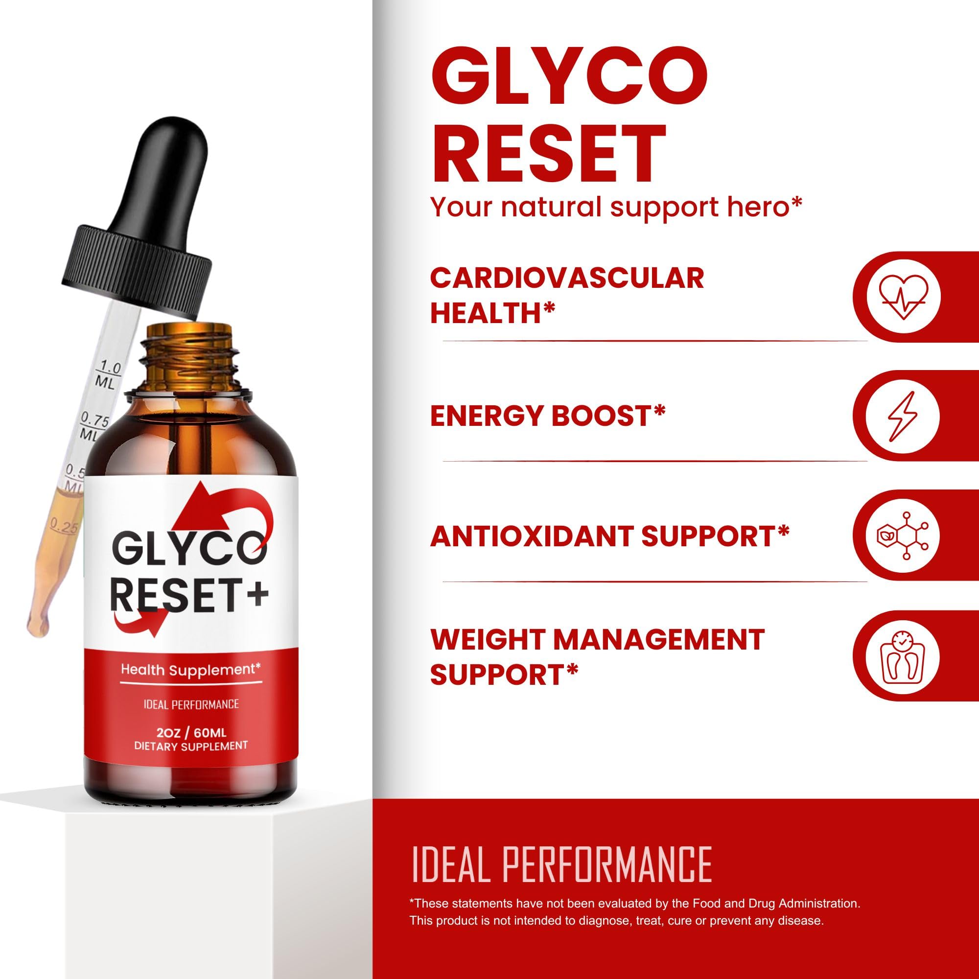 IDEAL PERFORMANCE Glyco Reset gotas vertidas en un vaso con agua para uso diario