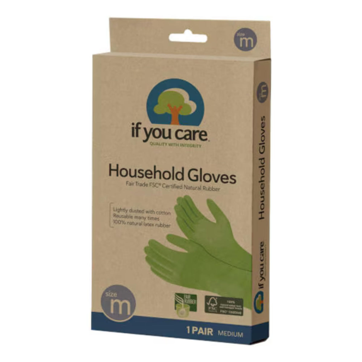 If You Care paquete frontal mostrando guantes y sello Comercio Justo para confianza