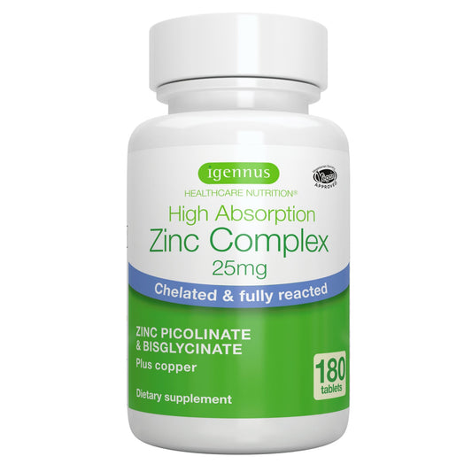 Igennus frasco frontal del Chelated Zinc Complex mostrando etiqueta clara y beneficio de absorción