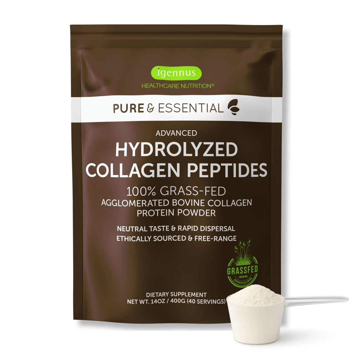 Igennus envase frontal del producto colágeno grass fed beneficios de calidad