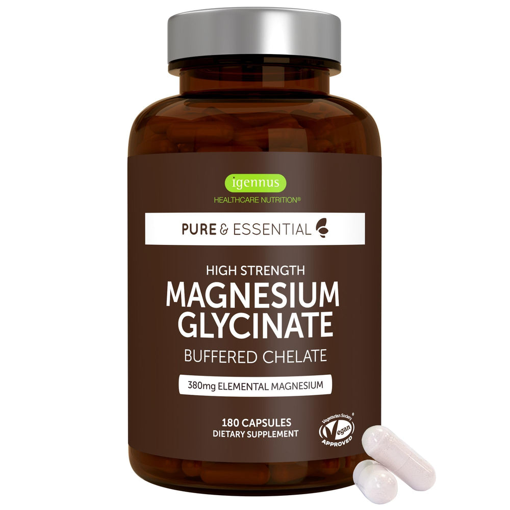 Igennus frasco frontal del suplemento magnesio glicinato mostrando etiqueta clara y beneficios