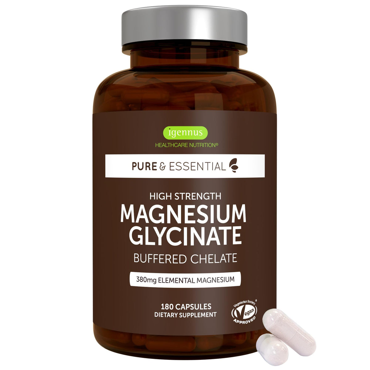 Igennus frasco frontal del suplemento magnesio glicinato mostrando etiqueta clara y beneficios
