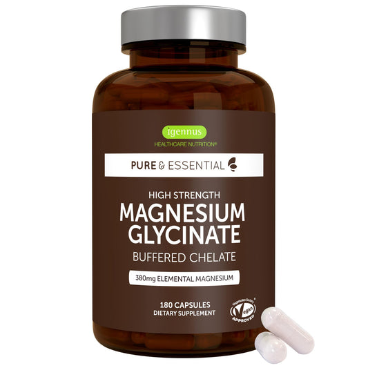 Igennus frasco frontal del suplemento magnesio glicinato mostrando etiqueta clara y beneficios