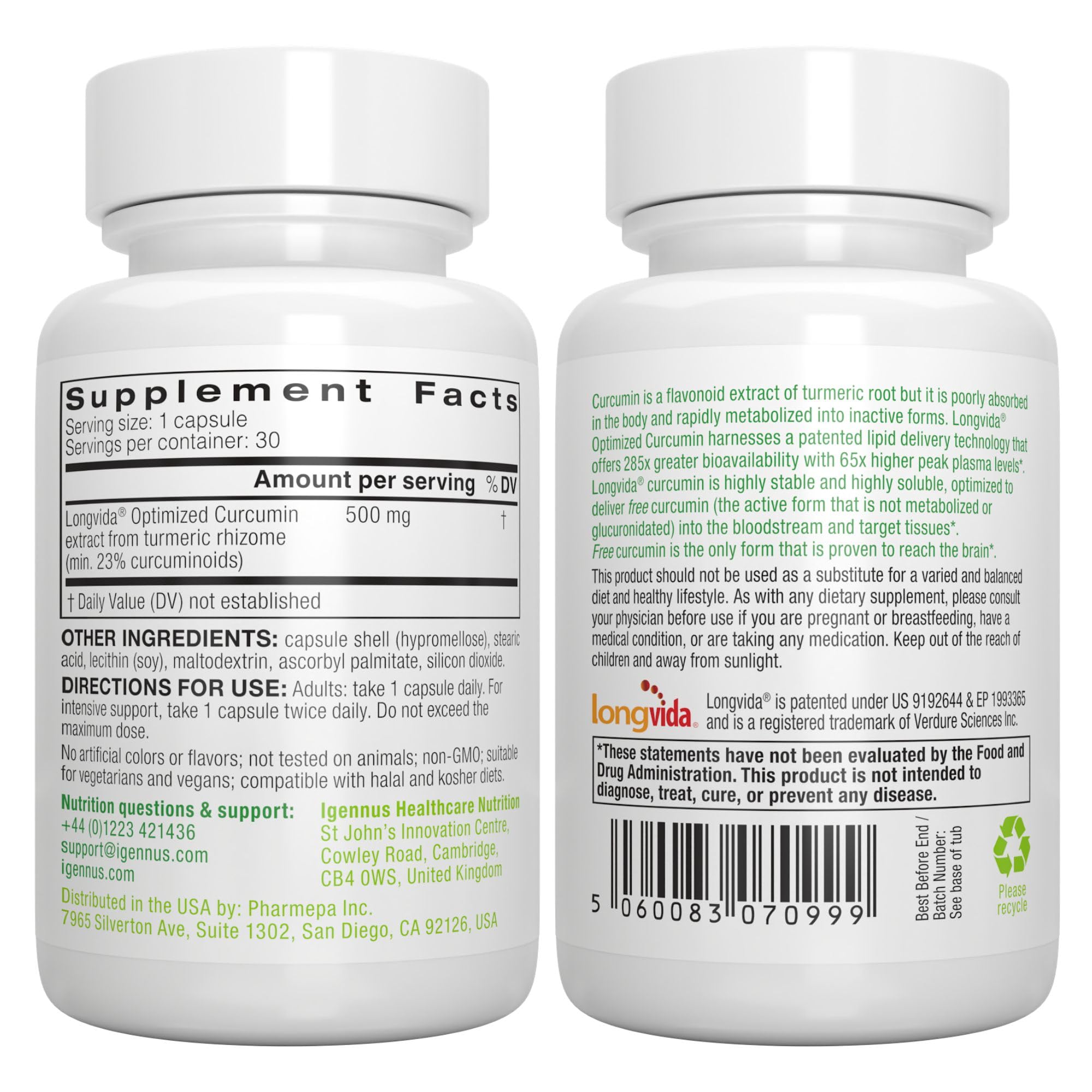 Igennus Longvida Curcumin etiqueta con detalles de SLCP y certificados