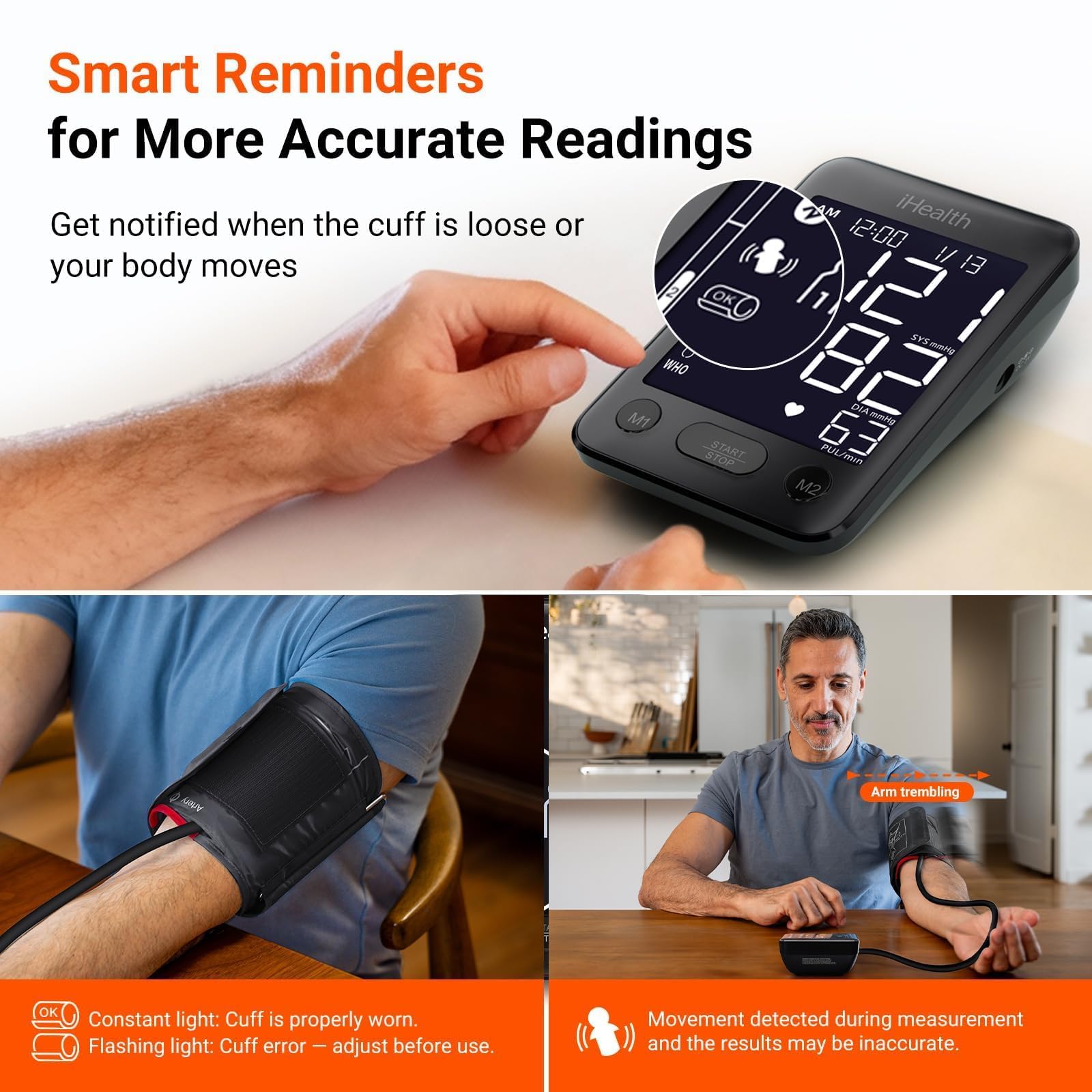 iHealth Accu colocado en el brazo demostrando uso cómodo y estable